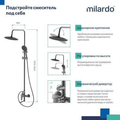 Смеситель для ванны с верхним душем, графит, Rora, Milardo, RORGM4FM06	