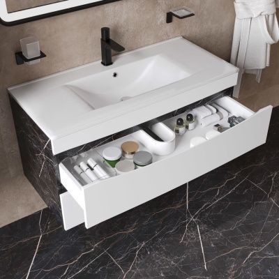 Тумба с умывальником, подвесная, 100 см, белая/черный мрамор, Cloud, IDDIS, CLO10B0i95K 