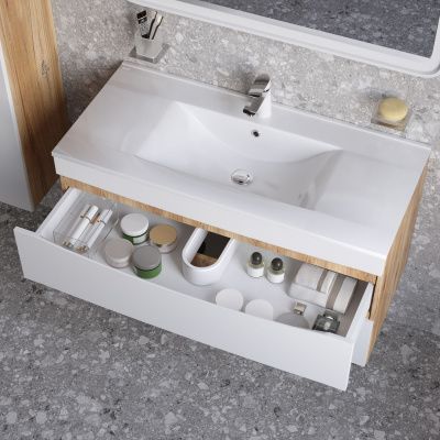 Тумба с умывальником, подвесная, 100 см, белая/золотистый дуб, Cloud, IDDIS, CLO10Y0i95K