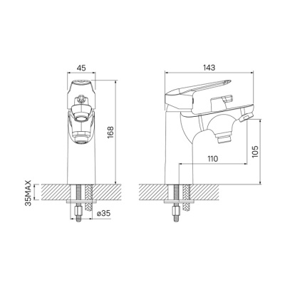 Смеситель на борт ванны на 1 отверстие с керамическим дивертором Torr, IDDIS, TORSB10i07
