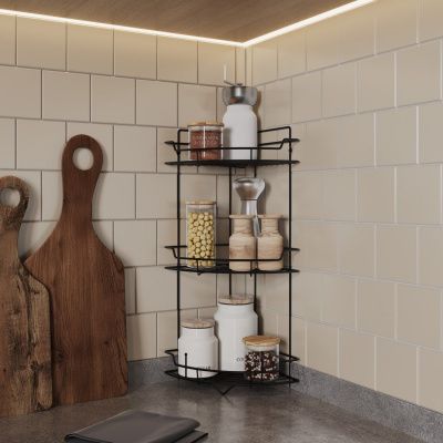 Полка трёхъярусная угловая, проволока стальная, чёрный матовый, Grid, Milardo, GRICC3BM44