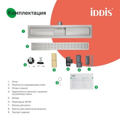 Лоток душевой, горизонтальный выпуск, комбинированный затвор, перфорированная решетка, 700мм, хром, IDDIS, 975A7SB10DZ