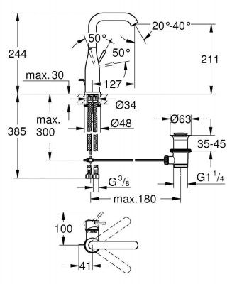 Смеситель для раковины GROHE Essence с донным клапаном, L-Size, холодный рассвет глянец (24174GL1)