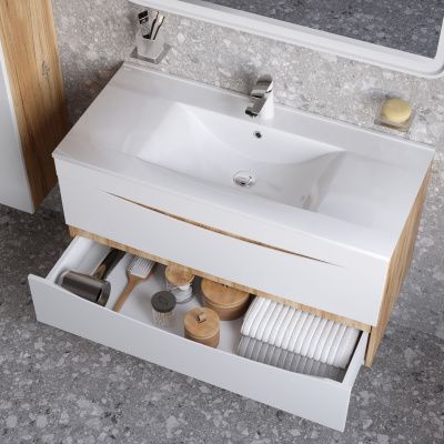 Тумба с умывальником, подвесная, 100 см, белая/золотистый дуб, Cloud, IDDIS, CLO10Y0i95K