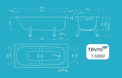 Ванна стальная TEVRO 150*70*40 толстостенная
