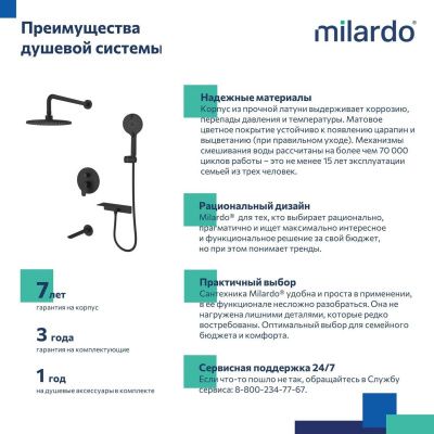 Душевая система скрытого монтажа с тропическим душем, черный матовый, Rora, Milardo, RORBL03M68