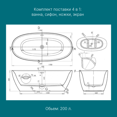 Акриловая отдельностоящая ванна FORETTA AURA 1700x800, FOR170.080