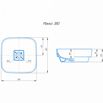 Раковина накладная, квадратная, на столешницу Kirovit МОККО 38