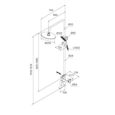 Смеситель с верхним душем и изливом, черный, Rora, Milardo, RORBL4FM06