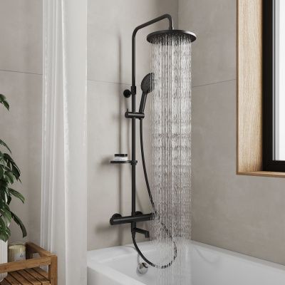 Смеситель термостатический для ванны со стойкой и тропической лейкой, черный матовый, Ideal Spa, Milardo, ILSBLTHM06