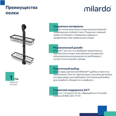 Двухъярусная прямая полка, проволока стальная, черный матовый, Easy, Milardo, EAS0WS2M44