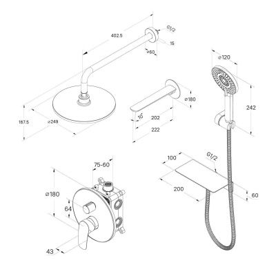 Душевая система скрытого монтажа с тропическим душем, черный матовый, Rora, Milardo, RORBL03M68