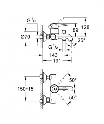 Смеситель для ванны GROHE BauClassic, хром (32865000)