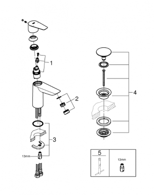 Смеситель для раковины GROHE BauEdge с ограничителем температуры и нажимным донным клапаном, M-Size, хром (23901001)