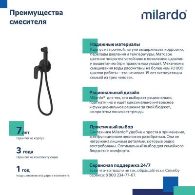 Встраиваемый смеситель с гигиеническим душем, черный матовый, Rora, Milardo, RORBLR0M08