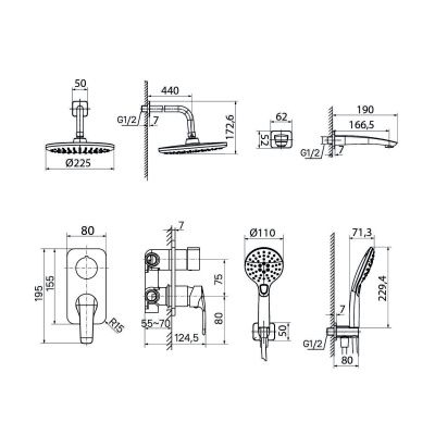 Душевая система скрытого монтажа с тропическим душем, ручным душем и изливом, черный матовый, Ray, IDDIS, RAYBL03i68