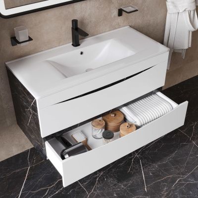 Тумба с умывальником, подвесная, 100 см, белая/черный мрамор, Cloud, IDDIS, CLO10B0i95K 