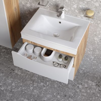 Тумба с умывальником, подвесная, 60 см, белая/золотистый дуб, Cloud, IDDIS, CLO60Y0i95K подходит ум. 0136000i28