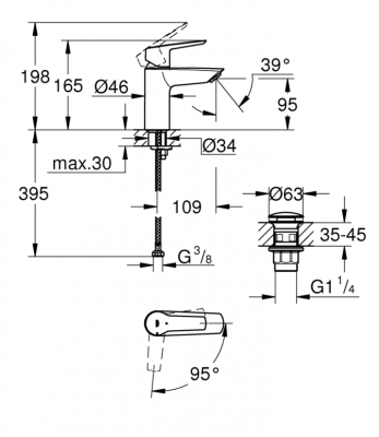 Смеситель однорычажный для раковины с нажимным донным клапаном Grohe QuickFix Start, S-Size (235512432)
